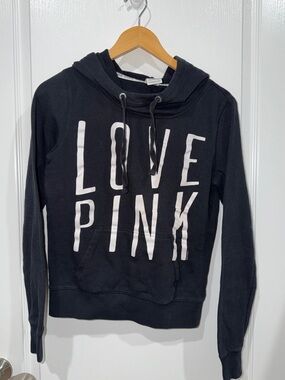 PINK Victoria's Secret Black Hoodie with White LOVE PINK Graphic size xsmall y2k